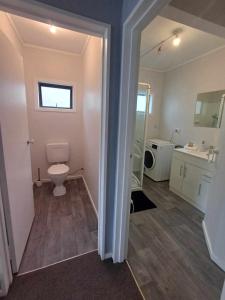a bathroom with a toilet and a sink at Aqua Apartment in Napier