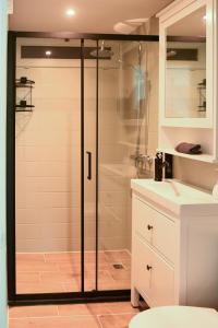 een douche met een glazen deur in de badkamer bij 't Kabouterhuisje (Rekem - Lanaken) in Lanaken
