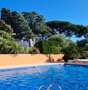 einen Pool in einem Garten mit Bäumen in der Unterkunft Studio grande terrasse à 5 min de la mer in Nizza