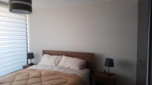 1 dormitorio con 1 cama con 2 lámparas y una ventana en Arriendo de departamento por día en Santiago