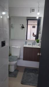 baño con aseo y lavabo y ventana en Arriendo de departamento por día en Santiago