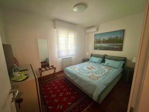 a bedroom with a bed and a red rug at VILLA TARA in Quercianella