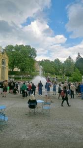 um grupo de pessoas em pé em frente a uma fonte em Villa Rosenberg em Mariánské Lázně