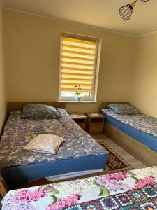Un dormitorio con 2 camas y una ventana con una persiana. en Krok od Biebrzy en Stare Dolistowo