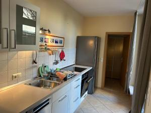 uma cozinha com um lavatório e um frigorífico de aço inoxidável em Körner Nr 2 - ABC26 em Wismar