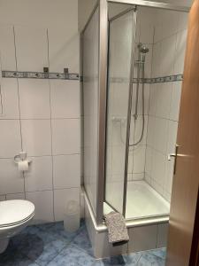 uma casa de banho com um chuveiro e um WC. em Körner Nr 2 - ABC26 em Wismar