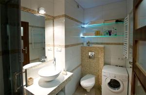 a bathroom with a sink and a washing machine at Apartament Cicha Woda Zakopane in Zakopane