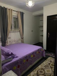 a purple bed in a room with a window at Horus pyramids Palace in Cairo