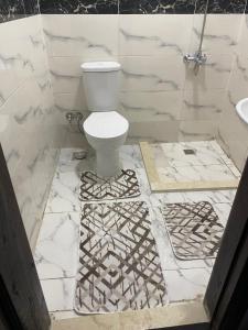 a white bathroom with a toilet and a sink at Horus pyramids Palace in Cairo
