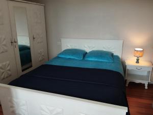 1 dormitorio con cama con almohadas azules y espejo en Gite Le Lucimond, en Saint-André