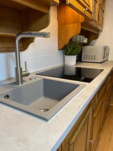 eine Küchentheke mit Spüle in der Küche in der Unterkunft Großzügige Alpenwohnung im Dachgeschoss in Bad Kohlgrub