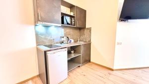 una pequeña cocina con fregadero y nevera. en Kastanimaja Apartments en Tartu