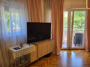 un soggiorno con TV a schermo piatto su un centro di intrattenimento di Apartman Katica a Tivat