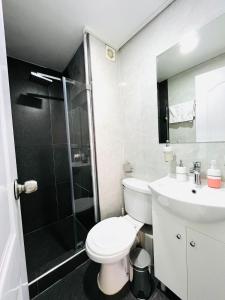 ein Bad mit einem WC, einer Dusche und einem Waschbecken in der Unterkunft Cozy Peruvian Home in Lima