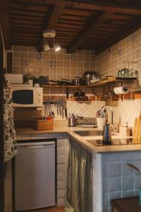 a kitchen with a sink and a microwave at La Faya - La Vallicuerra Casas Rurales in Mieres