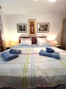 a bedroom with two beds with blue pillows on them at Vemar Apartment - Near the beach, Private parking in Dubrovnik