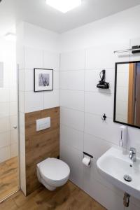een badkamer met een toilet en een wastafel bij Sleep Port in Gdańsk