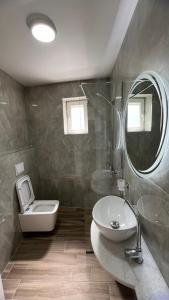 a bathroom with a sink and a toilet and a mirror at Hotel Demoli in Pogradec