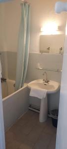 a bathroom with a sink and a bath tub with a mirror at U pozzu hôtel in Evisa