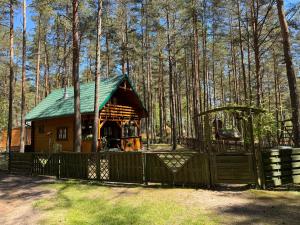 a log cabin with a playground in the woods at Domek Borsk in Borsk
