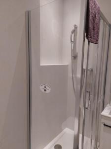 W łazience znajduje się prysznic ze szklanymi drzwiami. w obiekcie Studio-Apartment near Congress Centre Prague w Pradze