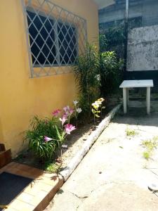 biała ławka siedząca obok budynku z kwiatami w obiekcie La Chambre de Cosy w mieście Libreville