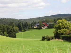 un campo verde con una casa en la distancia en Ferienhaus Waldfee, en Reutin