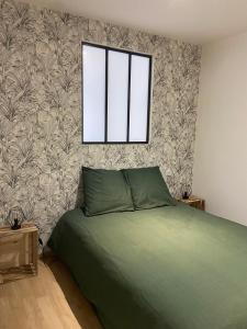 ein Schlafzimmer mit einem grünen Bett und einem Fenster in der Unterkunft Appartement de la Place in Remiremont