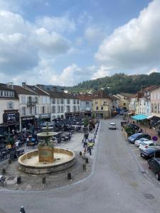 eine Stadt mit einem Brunnen in der Mitte einer Straße in der Unterkunft Appartement de la Place in Remiremont