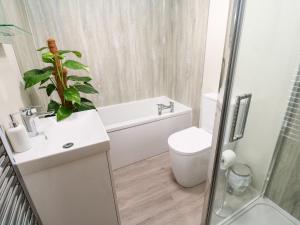 a bathroom with a toilet and a sink and a shower at Chy-An-Oula in Falmouth +28 photos
