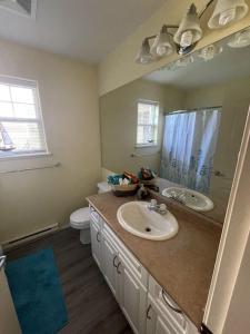 a bathroom with a sink and a toilet and a mirror at Skyview Apartment at Otter Point in Sooke