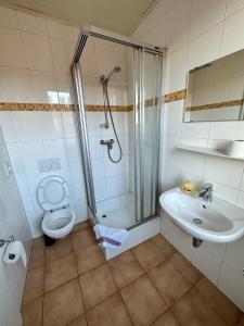 a bathroom with a shower and a toilet and a sink at Monteurunterkunft Wolkersdorf in Schwabach