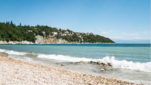 a beach with the ocean and trees in the background at Nona - 200m from the beach in Jadranovo