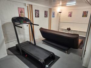 un gimnasio con cinta de correr y un banco en una habitación en Spacious cellar studio surrounded by mountains and lake, en Schwändi