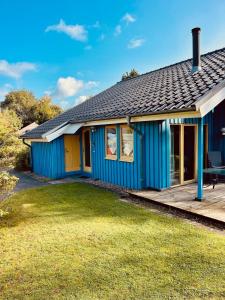 ein blaues Haus mit Rasen davor in der Unterkunft Komfort-Ferienhaus Wolke #56 in Extertal