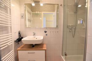 een badkamer met een wastafel en een douche bij FeWo Sunshine-Dahme in Dahme