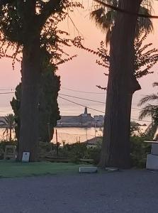 una puesta de sol con dos palmeras y un cuerpo de agua en Camping Santa Clara en Altea