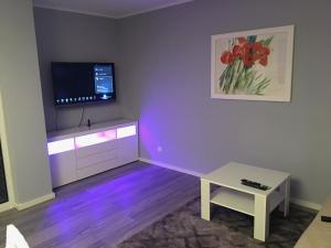 a living room with a tv and a table at Ferienwohnung FAIRWAY in Hohenkirchen
