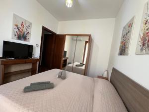 1 Schlafzimmer mit einem Bett mit einem TV und einem Bett mit einem sidx sidx sidx in der Unterkunft Petronia Home in Porto Torres