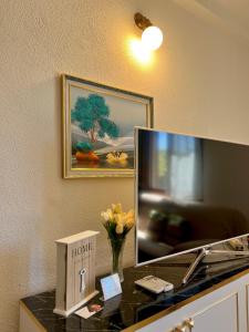 Zimmer mit einem TV und einer Blumenvase auf der Theke in der Unterkunft Villa Grecale in Cala Liberotto