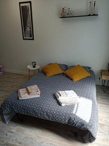 漢斯的住宿－Superbe studio proche du centre-ville de Reims，一张床上,里面放着两条毛巾