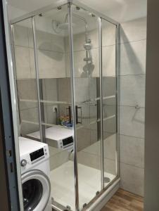 a shower stall with a washing machine in a bathroom at La maison de Marie, cosy et spacieuse - 3 chambres dont une climatisée in Châtillon-sur-Chalaronne