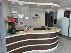 a lobby with a counter with a vase of flowers at Ayit Hotel in Theologos