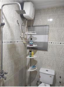 W łazience znajduje się biała toaleta i prysznic. w obiekcie Inviting 2-Bed House in Abeokuta w mieście Abeokuta