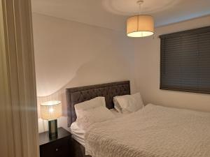 a bedroom with a bed and a lamp and a window at Stunning Station Apartment in Kent