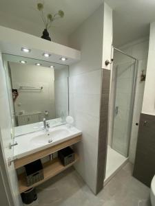 キュールングスボルンにあるStrandstrasse-32-App-41のバスルーム(シンク、鏡、シャワー付)