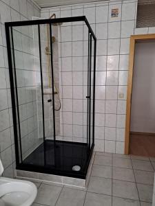 a shower with a glass door in a bathroom at Hotel zur Post in Bacharach