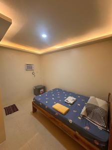 um quarto com uma cama com um lençol azul em Cris & Mar Homestay em Burgos