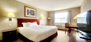 Habitación de hotel con cama, escritorio y TV. en Park Hill Inn & Suite, en Red Deer