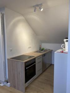 een keuken met een wastafel en een fornuis top oven bij Gästehaus Luksch 2 in Freyung